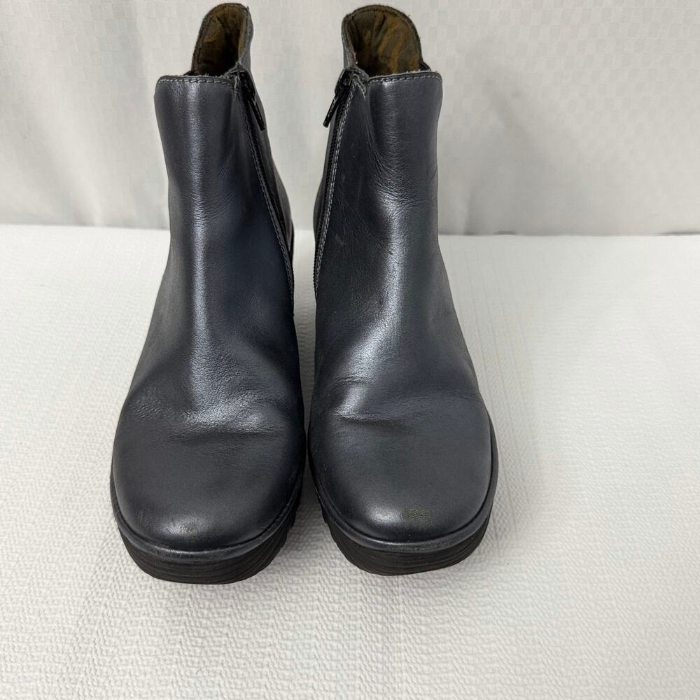 Fly London Yoss Boots Womens Size 8 Navy Blue Metallic Leather Wedge Booties 38 - Picture 3 of 12